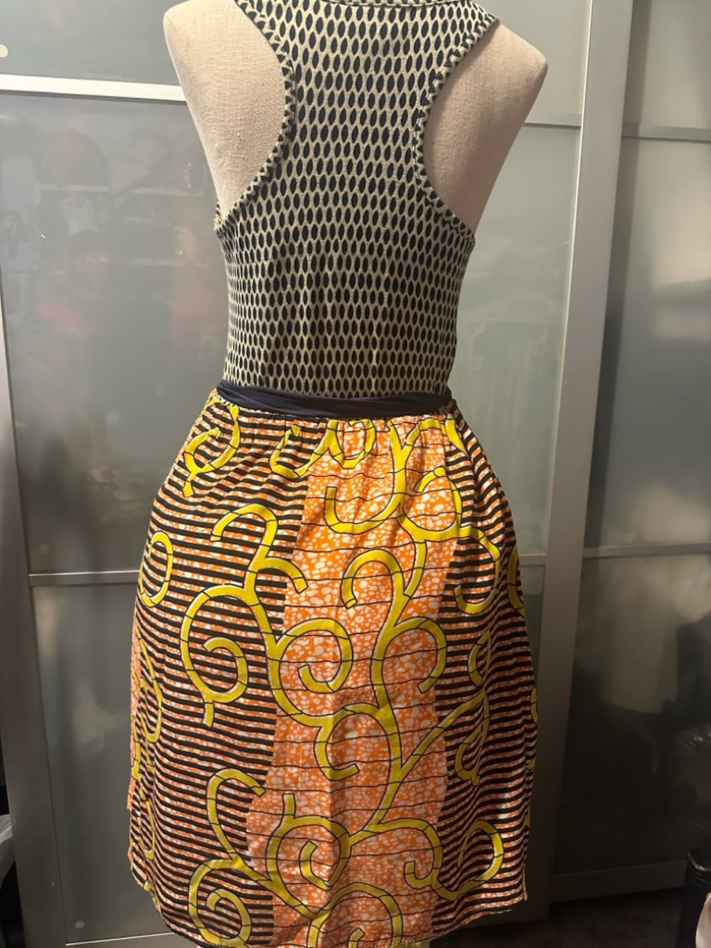 Women's Orange Patterned A-Line Dress with Navy Tie - Picture 3 of 4